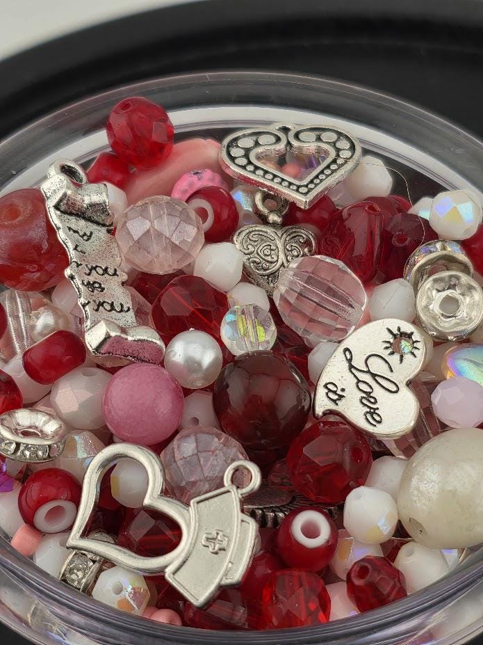 2oz Exclusive "Be Mine" Red, Pink and White Glass Beads with Mixed Metal Charms
