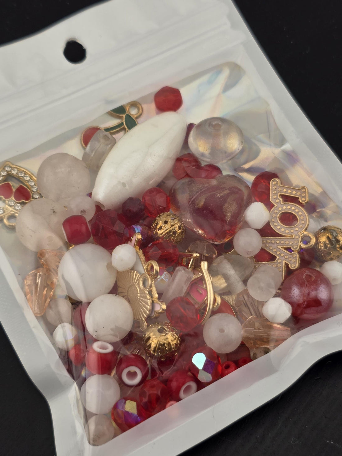 2oz Exclusive "Be Mine" Red, Pink and White Glass Beads with Mixed Metal Charms