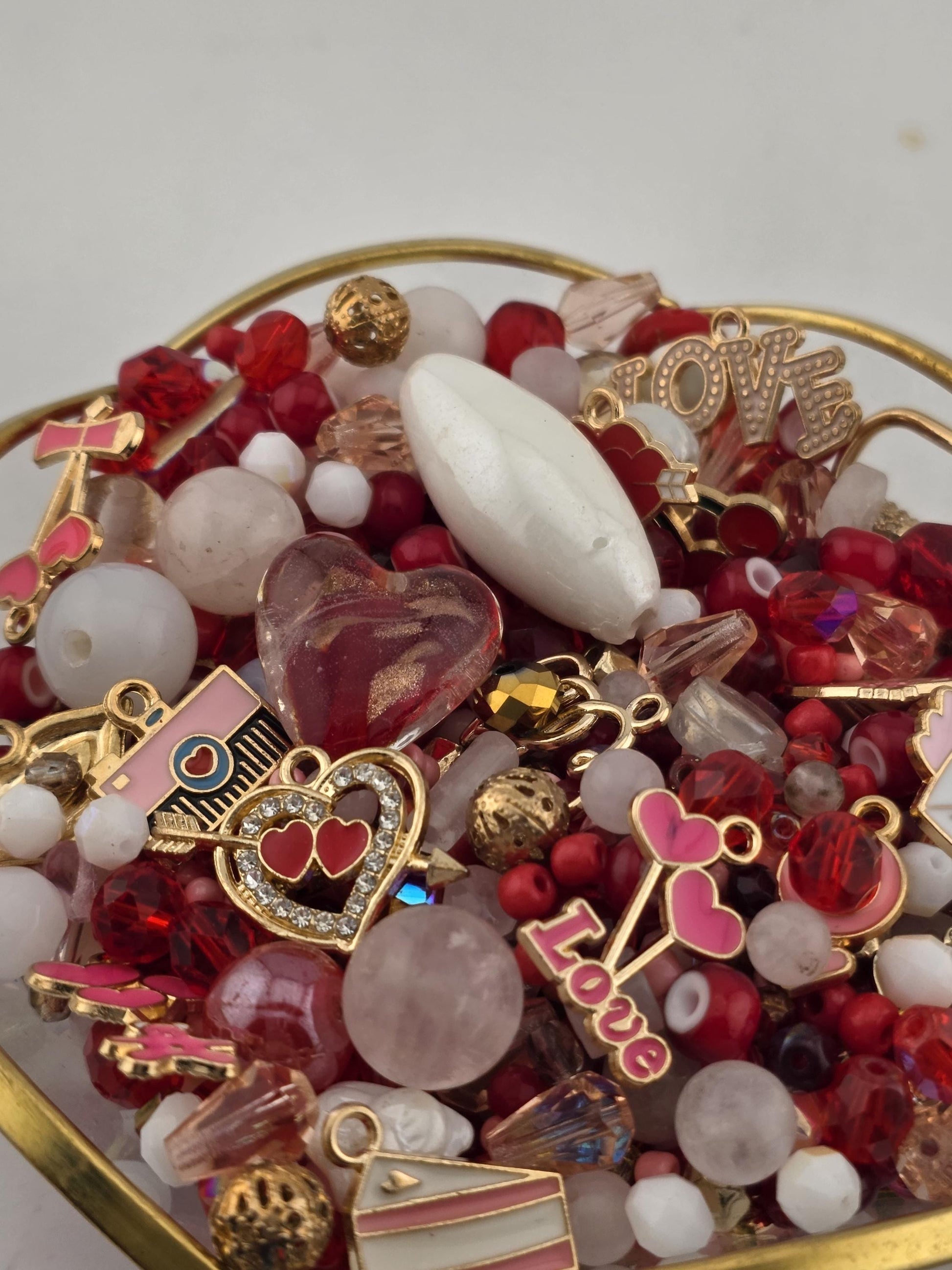2oz Exclusive "Be Mine" Red, Pink and White Glass Beads with Mixed Metal Charms