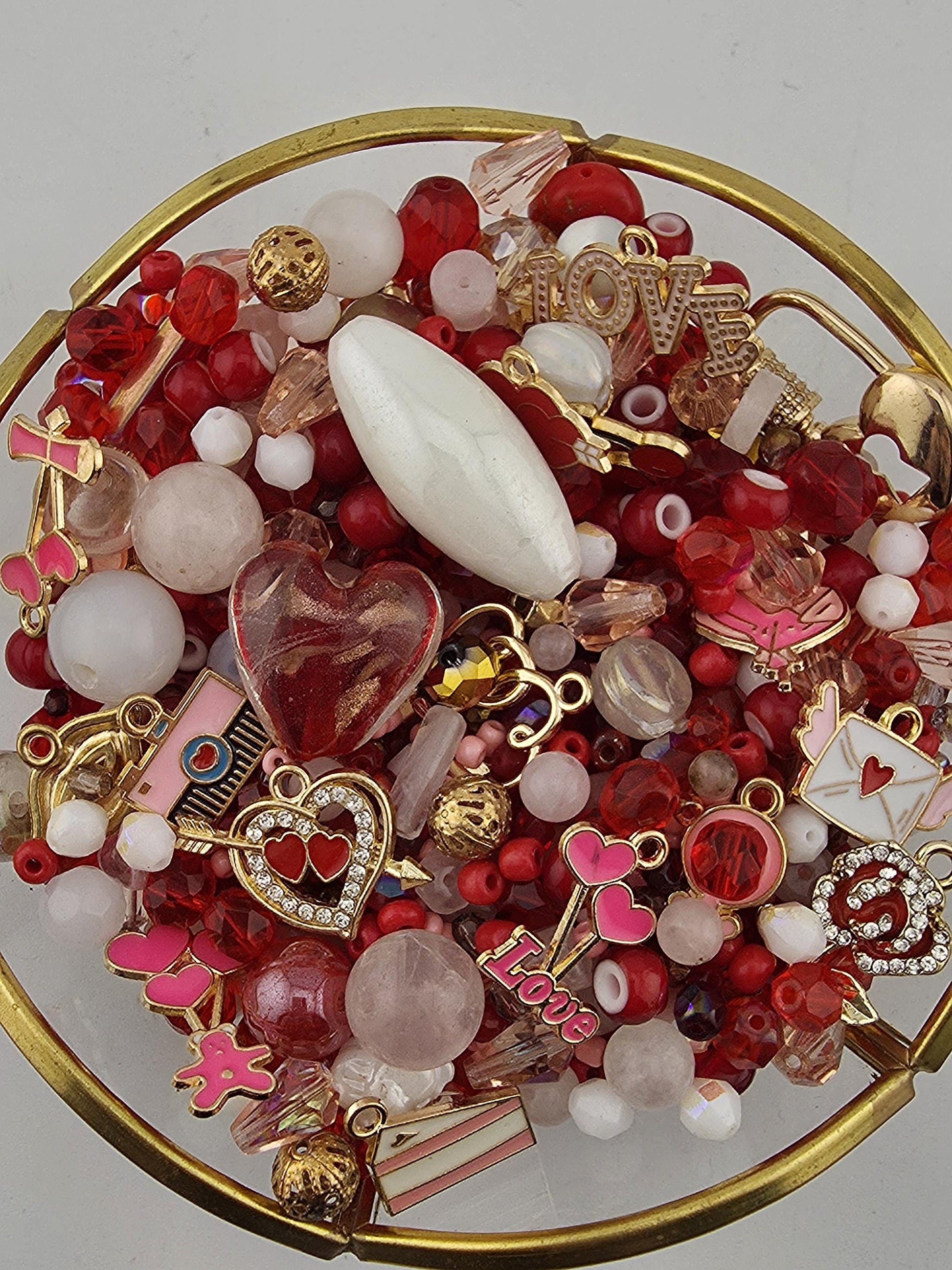 2oz Exclusive "Be Mine" Red, Pink and White Glass Beads with Mixed Metal Charms
