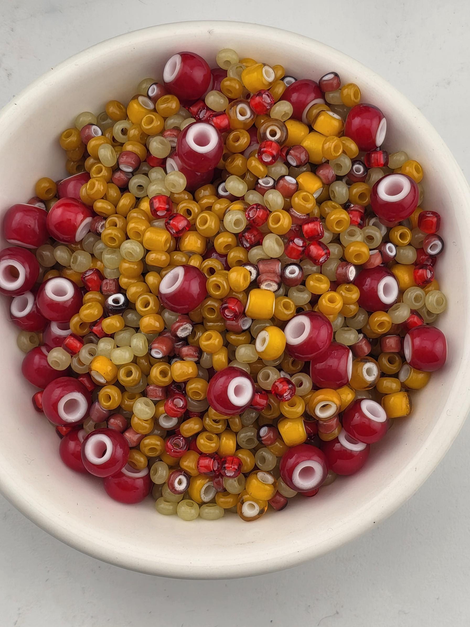 Savannah Sunset Trade Mix - Amber, Honey & Red White Hearts - Chunky Vintage Glass Blend (Sizes 10/0 - 4/0) 15g