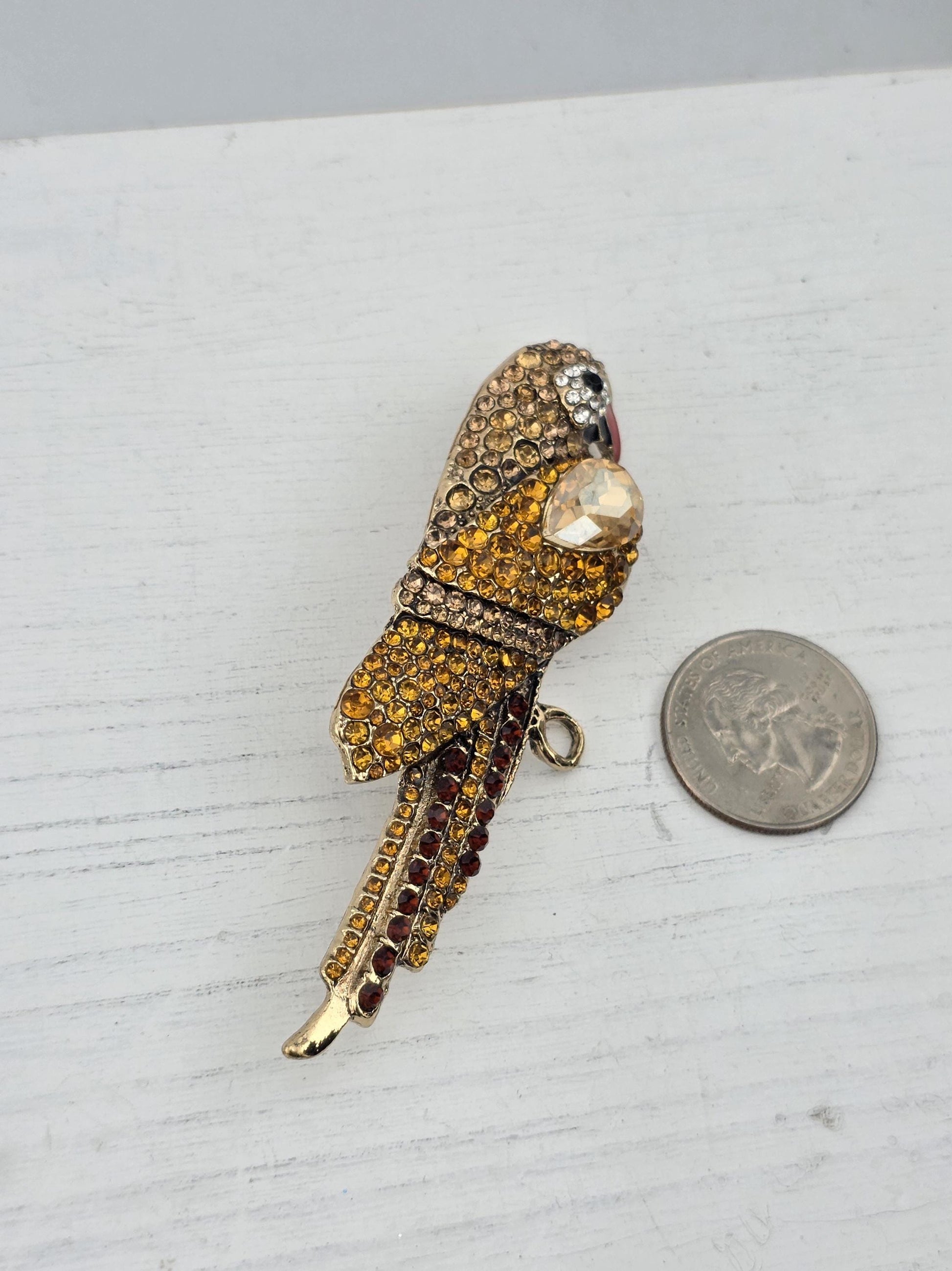 A decorative piece of jewelry, possibly a brooch or pendant, is placed on a white surface next to a coin.