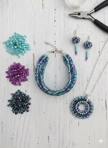 various beads, jewelry-making tools, and accessories arranged on a white wooden surface.