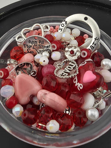 2oz Exclusive "Be Mine" Red, Pink and White Glass Beads with Mixed Metal Charms