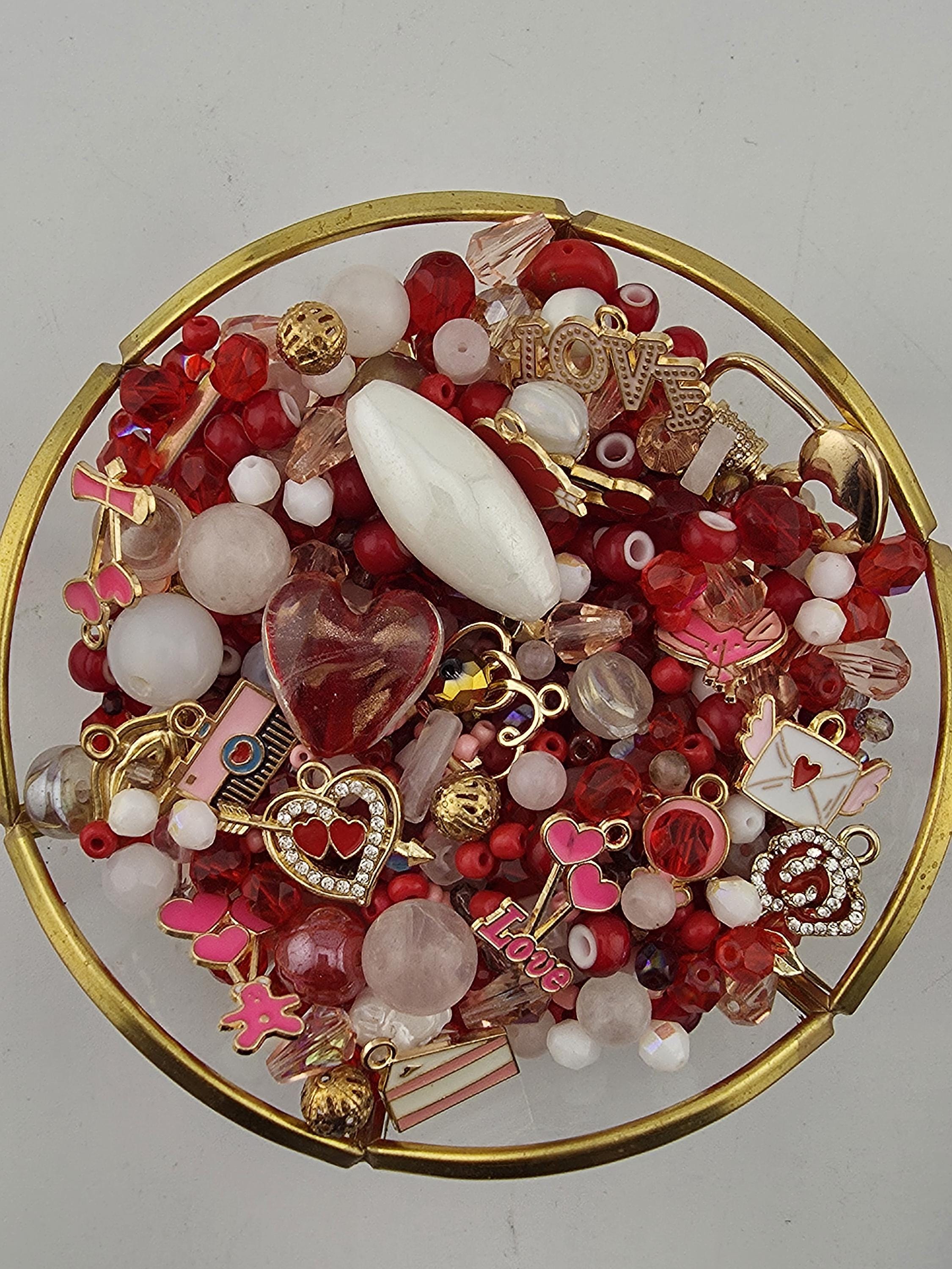 2oz Exclusive "Be Mine" Red, Pink and White Glass Beads with Mixed Metal Charms