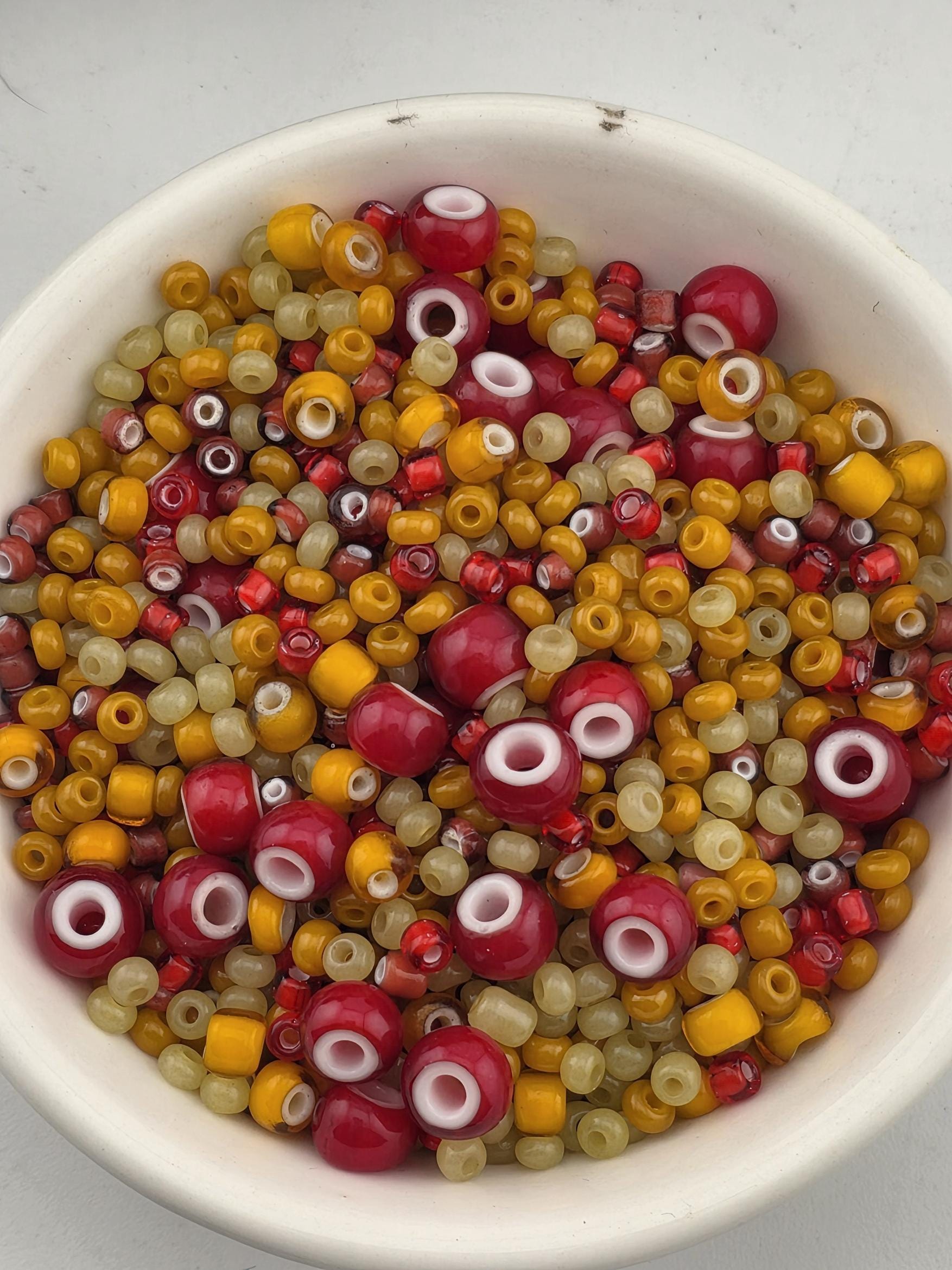 Savannah Sunset Trade Mix - Amber, Honey & Red White Hearts - Chunky Vintage Glass Blend (Sizes 10/0 - 4/0) 15g