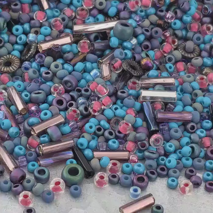 Bead Mix, Seed Bead Soup 20g | Teal Pink Silver Glass Beads, Bugles, Spacers,Metallic, Preciosa Miyuki
